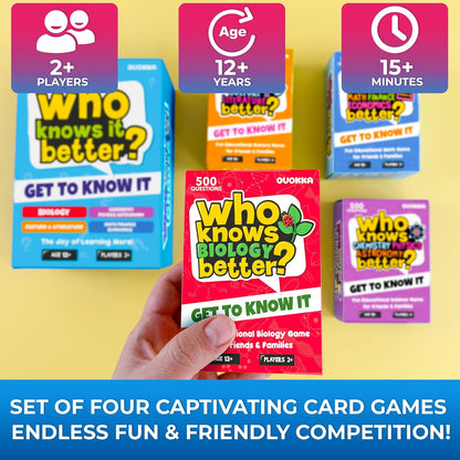 QUOKKA Board Games for Kids 8-12 and Family - Set of 4 Who Knows It Better? - 2000+ Questions Across Biology, Culture, STEM and Math - Educational Trivia Cards for Learning and Game Night