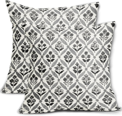 Blue Green Floral Block Print Pillow Covers 12X20 Set of 2, Flower Pattern Spring Summer Print Decorative Throw Pillow Covers Outdoor Farmhouse Seasonal Cushion Case Couch Sofa Bed Decor