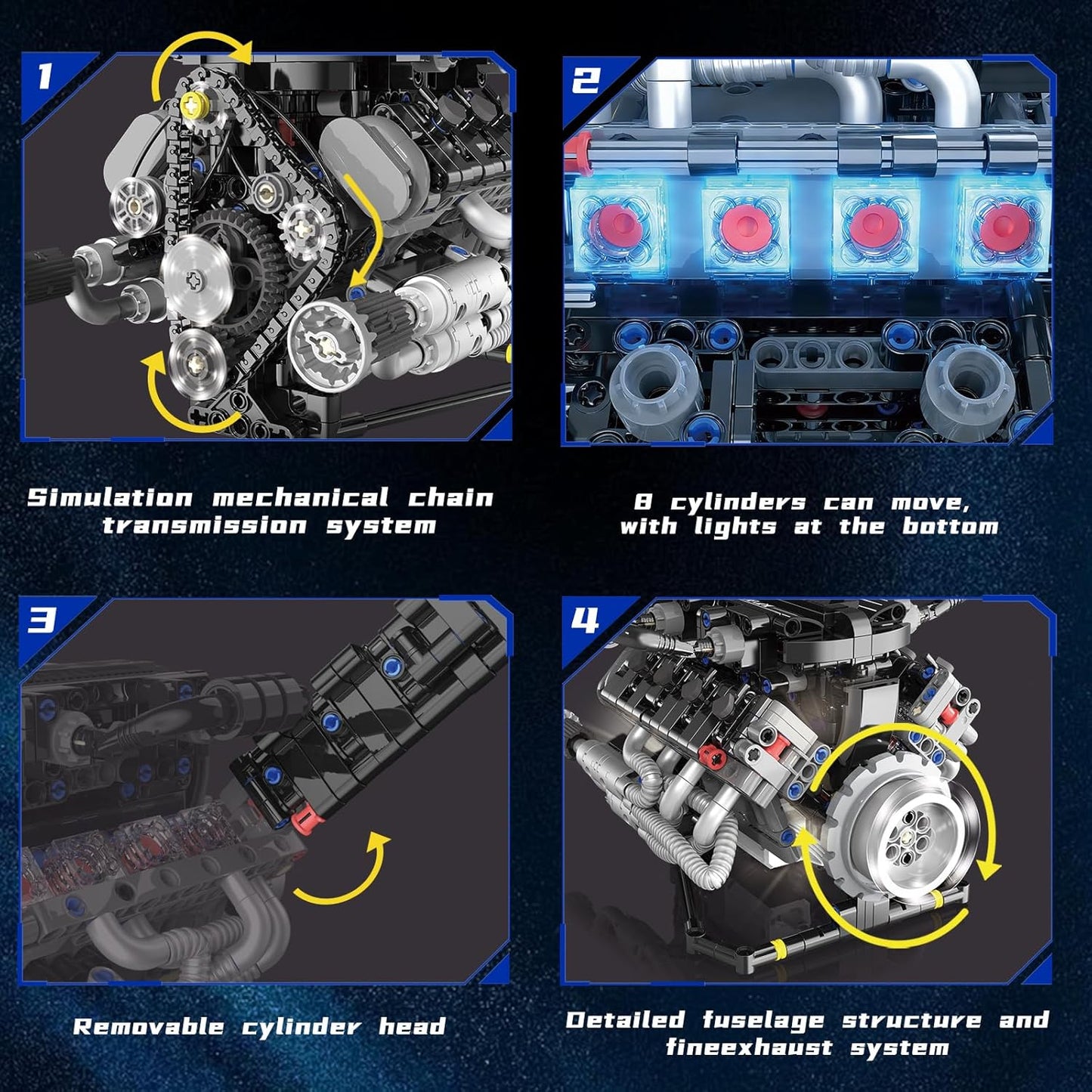 V8 Engine Model Kit that Works with LED Light & APP Control, 8-Cylinder Visible Engine Building Blocks Set, Build Your Own STEM Engineering Kit that Runs, Collection Set for Adults & Kids (715 PCS)