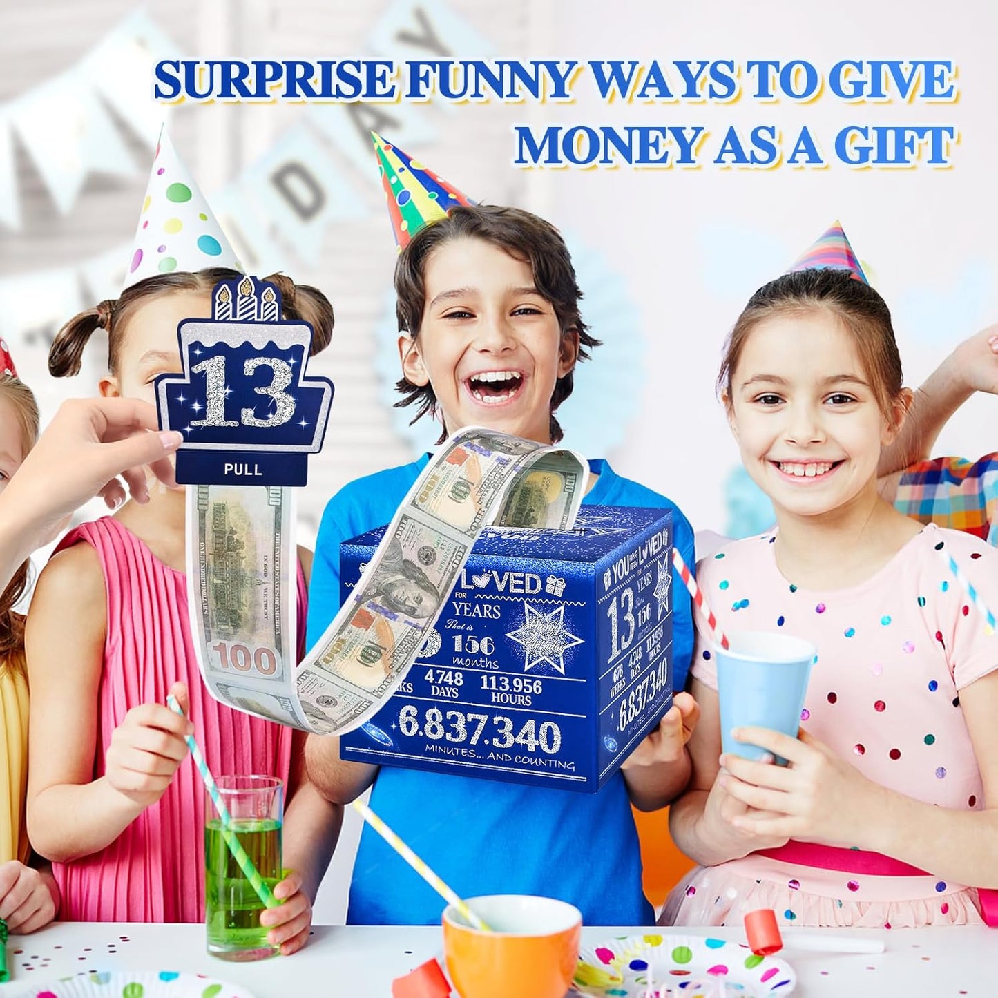10 Happy Birthday Money Box for Cash Gift, 10th Birthday Decorations for Boys and Girls, Gifts for 10 Year Old Boy, Boy Gift Ideas, Cool Things for Teen -Blue with 100PCS Bags