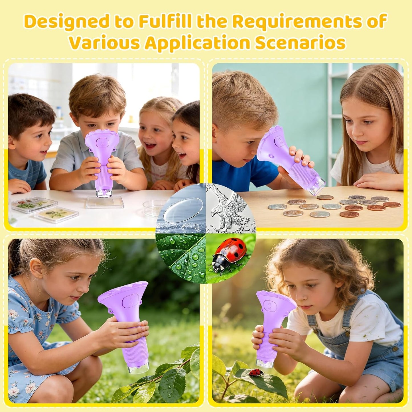 Kids Magnifying Glass, 2.0 Inch Digital Screen Mini Pocket Microscope for Bug - 200x Zoom Handheld Microscope with Adjustable Lights, Edu Birthday Gifts for Age 3-12 Girls