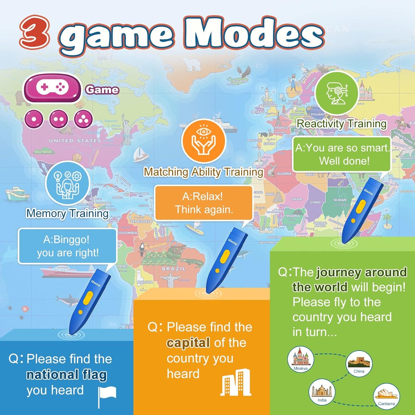 Qiaojoy Bilingual Interactive World Map for Kids Learning and Educational Toys, Talking Electronic Kids World Map i-Poster Geography Games Ages 3 to 12 Years Old, Custom Talking Birthday Gifts Card