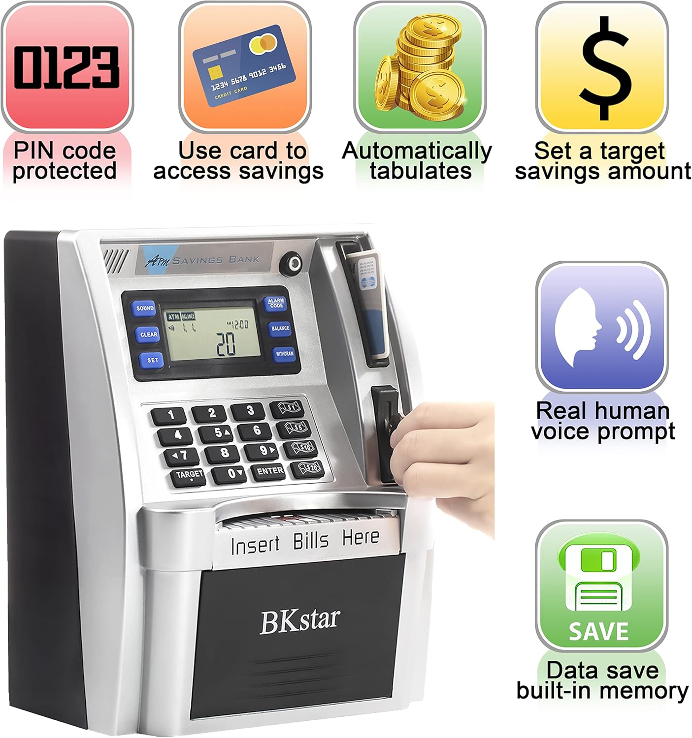 BKstar ATM Piggy Bank for Kids - Talking Electronic Money Bank with Debit Cards & Digital Coin Counter for Real Money, Boys Girls
