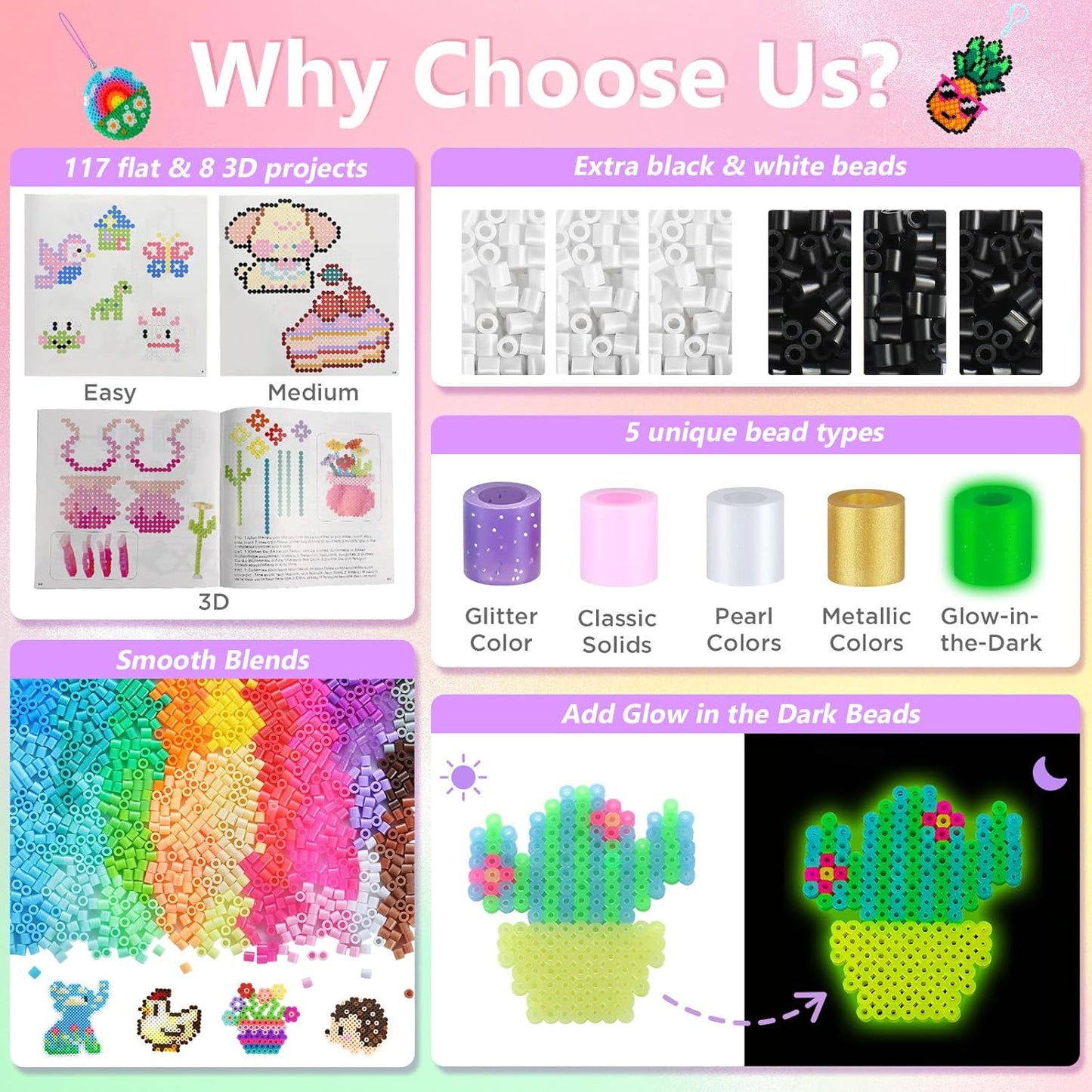 Zefy Fuse Beads Kit 92 Colors 19200 Pcs Melting Beads 5mm, Including 124 Patterns, 6 Pegboards, Ironing Paper, Tweezers & Hooks, Home School Arts and Crafts for Kids, Toys Gifts for Girls and Boys