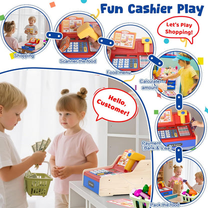 Kids Cash Register Toy Playset, Toddler Prentend Play Store with Real Calculator Cash Register with Scanner/Credit Card/Play Money/Food, Learning Toys for Boys Girls Toddlers(Pink)