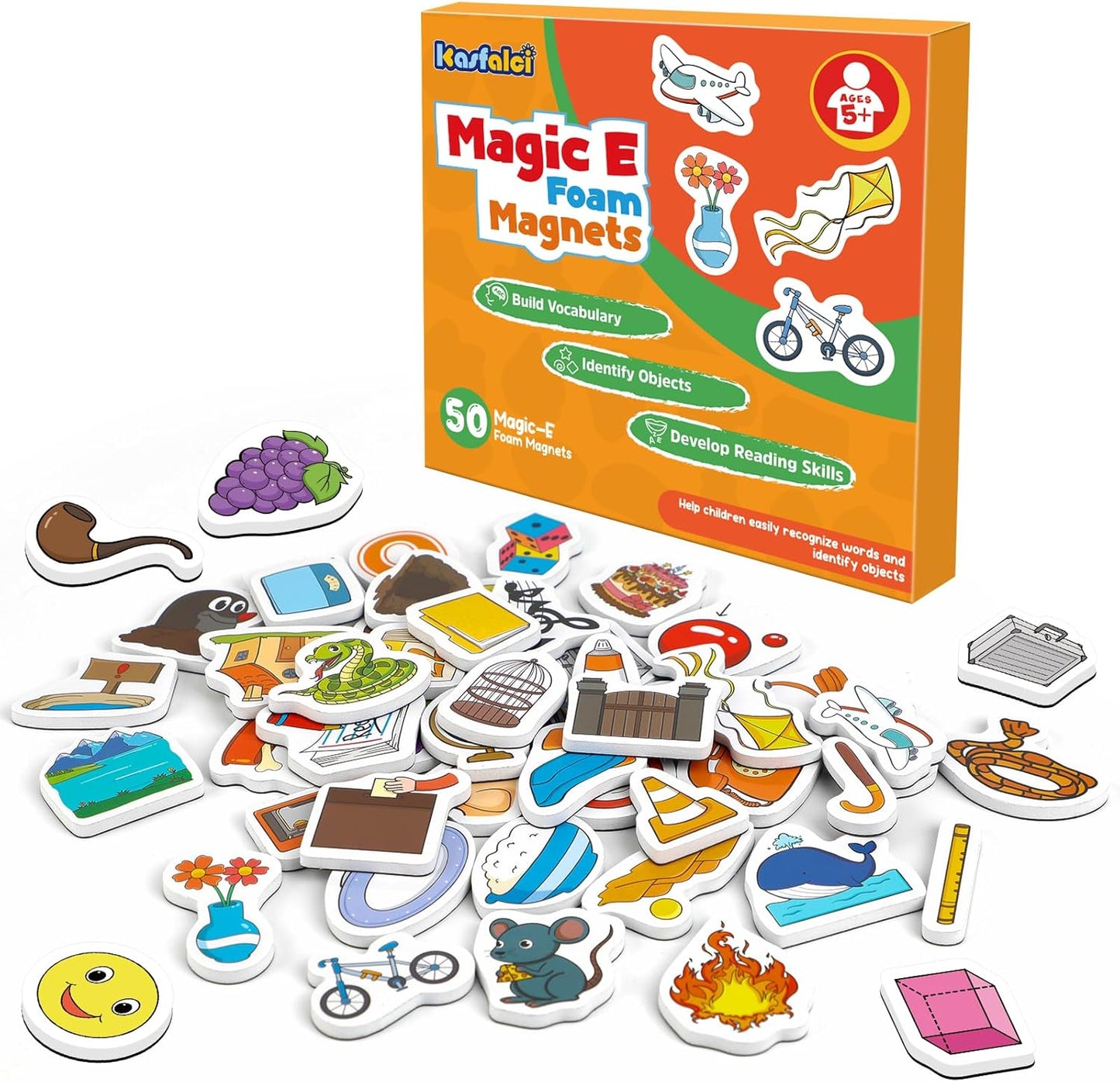 Kasfalci CVCC & CCVC Word Games, 50 Magnetic Foam Objects Fridge Magnets for Kids, Speech Therapy Toys for Toddler, Learn to Read Spelling Reading Learning Phonics for Preschool Kindergarten Classroom