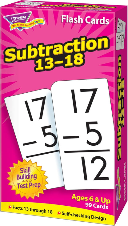 Trend Enterprises: Subtraction 13-18 Skill Drill Flash Cards, Exciting Way for Everyone to Learn, Self-Checking Design, Great for Skill Building and Test Prep, 99 Cards Included, Ages 6 and Up