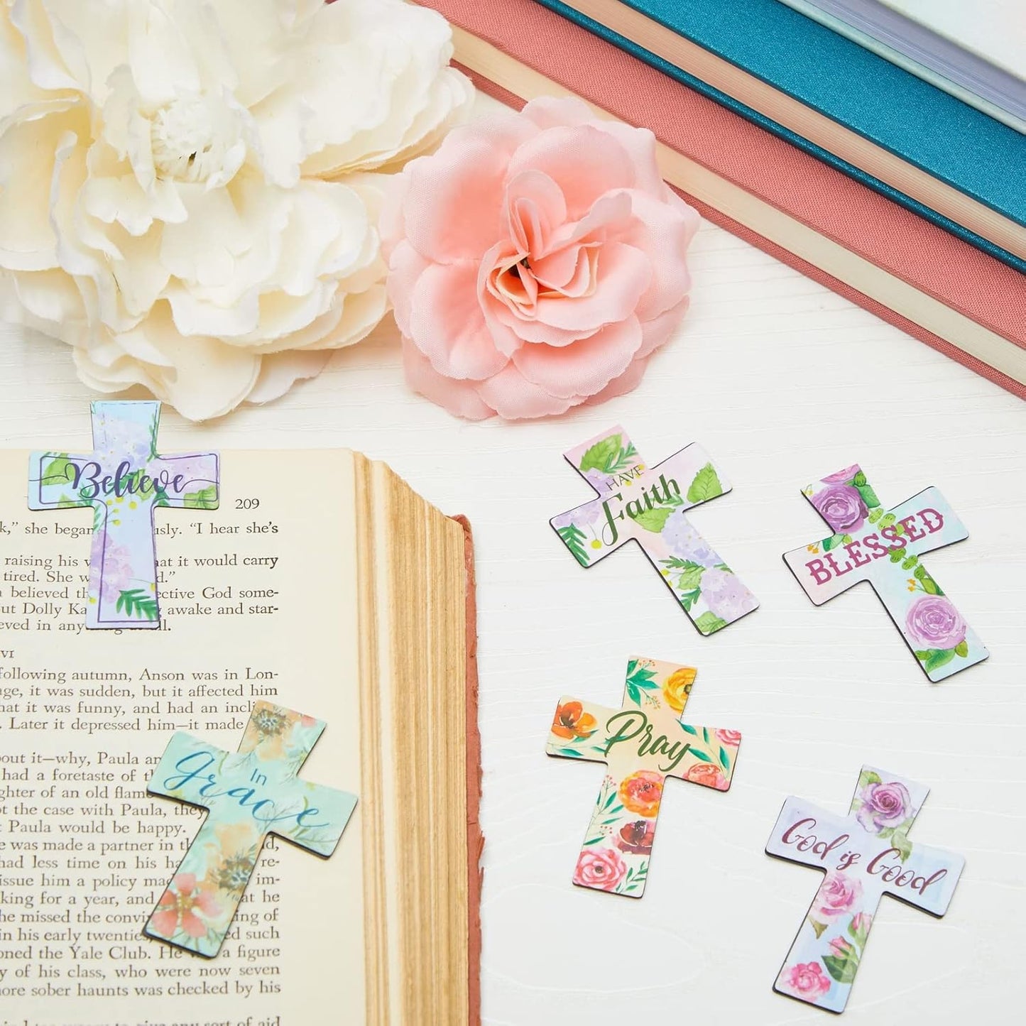 Magnetic Christian Bookmarks - Magnetic Cross Page Holders for Bibles - Inspirational Bookmarks for Women - Page Magnets for Your Bible - 2.25 x 1.6 in, Pack of 12, Multicolor