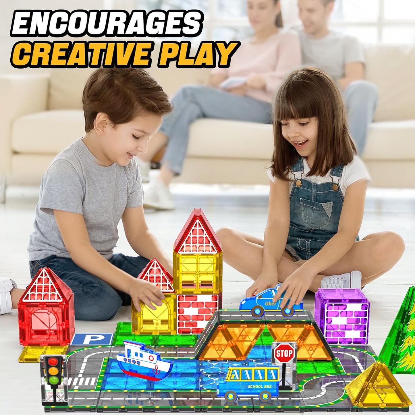 KAEILORU Magnetic Tiles Road Set with Car Magnet Building Tile Toys for Kids Ages 3-5 4-8 5-7 Magnetic Blocks Expansion Pack STEM Construction Valentines Toys Boy Girl Toddler Birthday Gift 42pcs