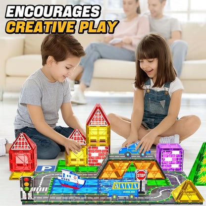 KAEILORU Magnetic Tiles Road Set with Car Magnet Building Tile Toys for Kids Ages 3-5 4-8 5-7 Magnetic Blocks Expansion Pack STEM Construction Valentines Toys Boy Girl Toddler Birthday Gift 42pcs