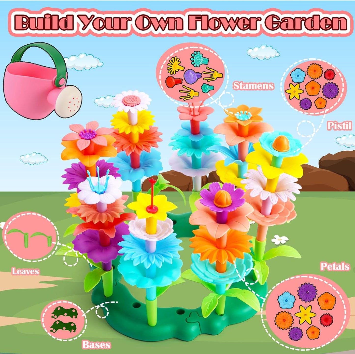 FUNZBO Girl Flower Garden Building Toys Set - Birthday Gifts for Age 2 3 4 5 6 Years Old Girls, STEM Montessori Educational Toy for Toddler Kids, Sorting & Stacking Spring Gardening Set