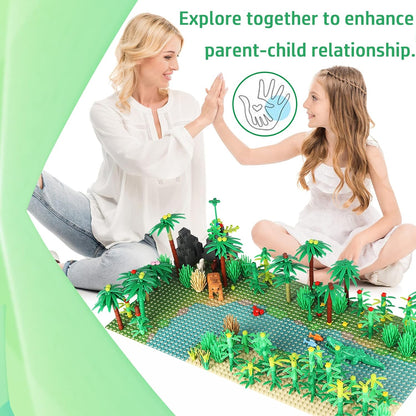 Jungle Trees Building Bricks with 2 Base Plates (10 x 10 inch),Rainforest Plants Flowers Bushes Animals Kit, Botanical Parts Scenery Toys for Kids and Adults