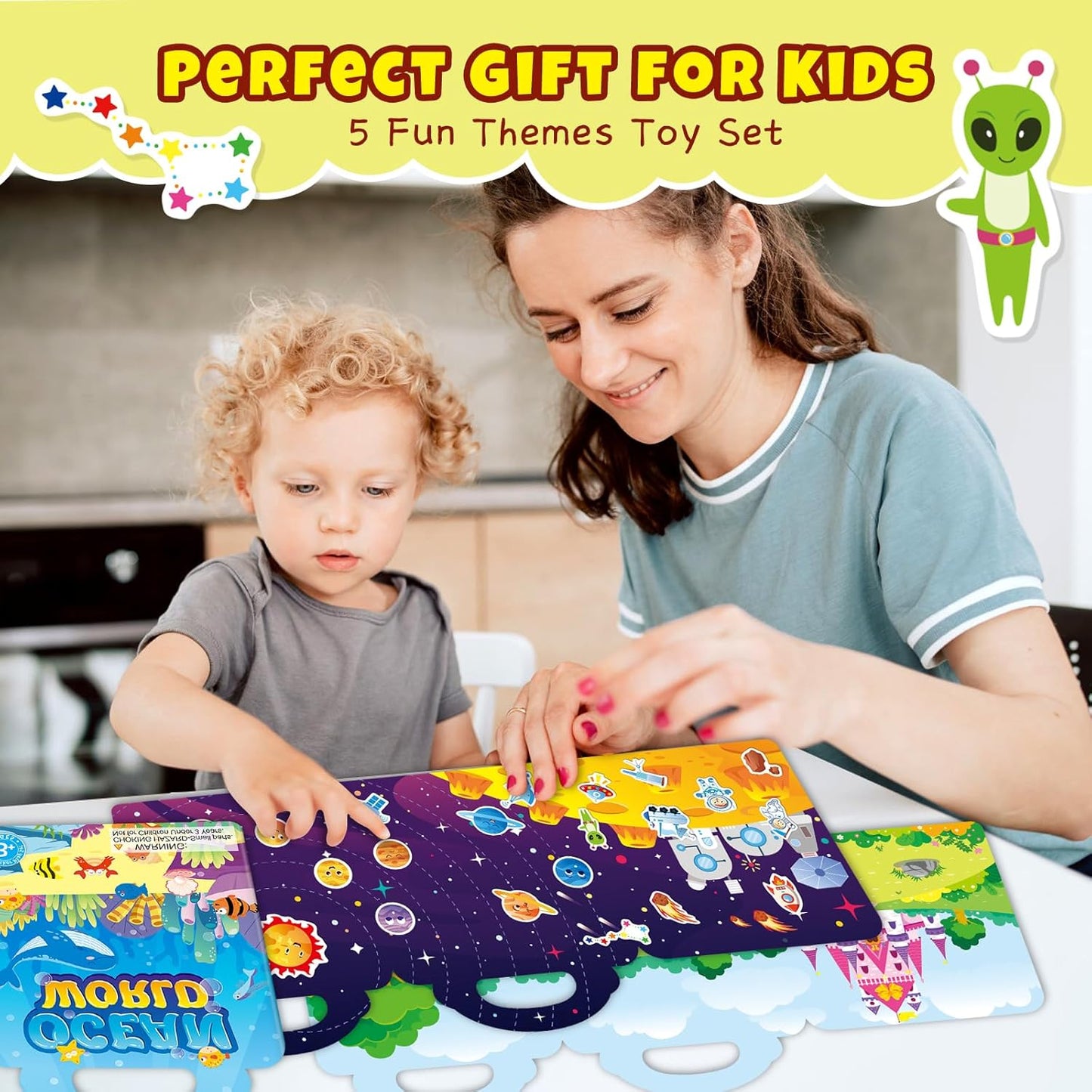 Sticker Books for Toddlers 2-4 Years, Travel Sticker Book with Washable Jelly Stickers, Foldable Carry Handle Quiet Toy, 5 Theme Scenes for Kids 3-5, Dinosaur+Space+Ocean+Fairy Tale+Pizza