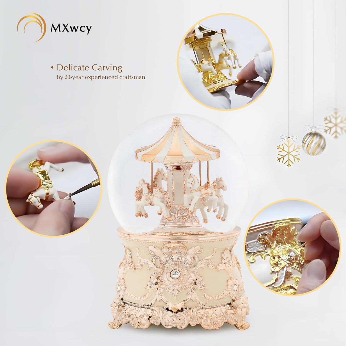 Carousel Music Box Gold & Ivory Christmas Snow Globes, 8.3" Rotate Carousel Snow Globe for Kids & Adults, Classic Wind up Musical Snow Globe Birthday Gifts for Women Girls, Carousel Horse Home Decor