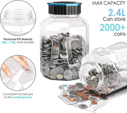 X-Large Piggy Bank for Adults Kids, Vcertcpl Digital Coin Counting Bank with LCD Counter, 2.4L Capacity, Great Coin Counter Bank Money Counting Jar with Total Amount Displayed (Silver, X-Large)
