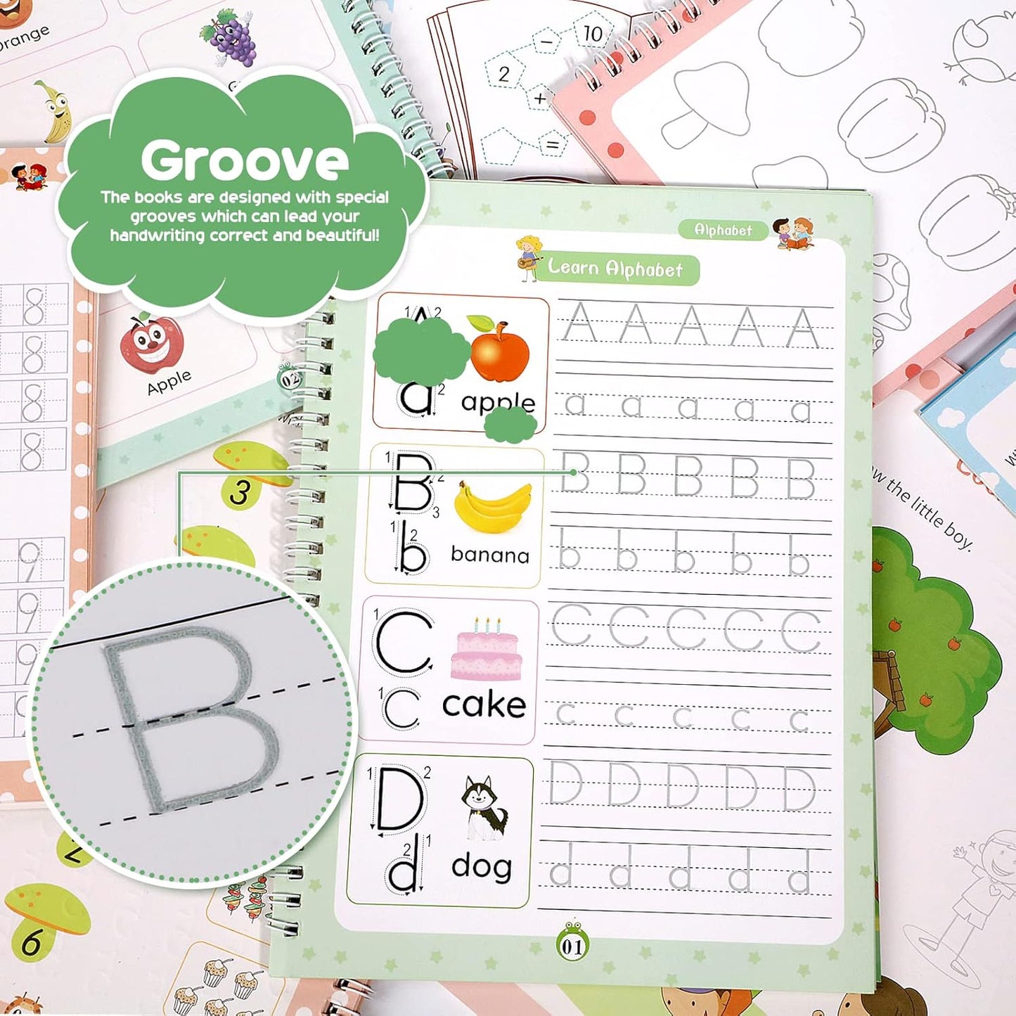 Magical Handwriting Workbooks Handwriting Practice Copybook, Handwriting Aid Magic Pen Reusable Copybook Grooves Template Design for Children Books Suitable for Children's Learning (6)