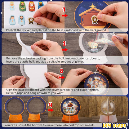 Threehoney 24 Pack Easter Nativity Craft Kit for Kids Toddler Jesus Birth Advent DIY Snow Globe Hanging Ornament with Glitter Sequin Paper Religious Holiday Classroom Decor(Joy,Silver)