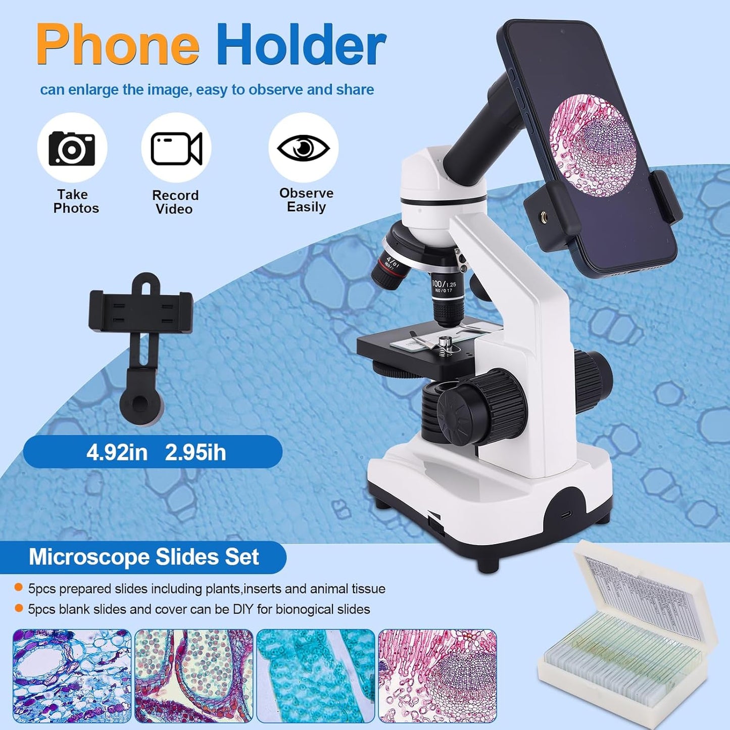 Microscope for Adults & Kids, 40X-2500X High-Power Compound Microscope for Students, School Lab & Home Schooling,Equiped with Slides Set & Phone Holder (Light White)