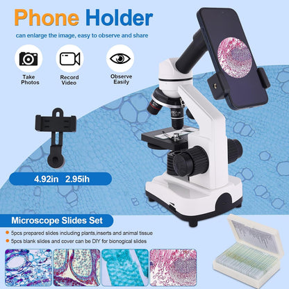 Microscope for Adults & Kids, 40X-2500X High-Power Compound Microscope for Students, School Lab & Home Schooling,Equiped with Slides Set & Phone Holder (Light White)