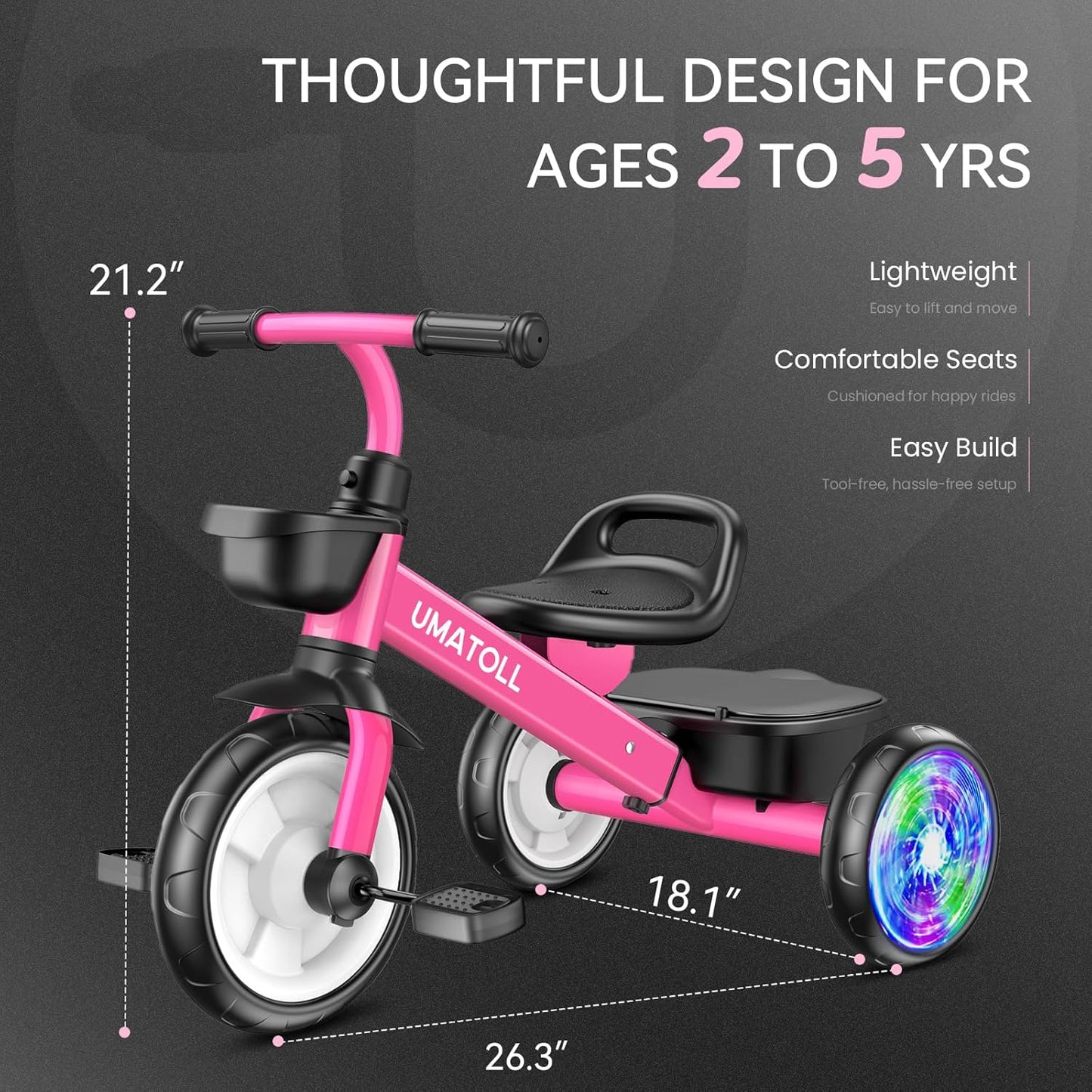 Umatoll Tricycle for Toddlers 2-5 Year Old, Ajustable Toddler Bike Outdoor Toys, Birthday Gift for Girl Age 2-4, Trike with Light up Wheels