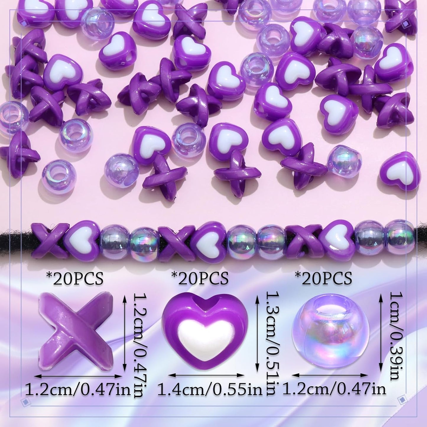 60PCS Pink White Hair Beads for Braids Three Styles Cute Loc Beads Heart Shape Bead for Kids Dreadlock AB Color Round Pony Bead Accessories