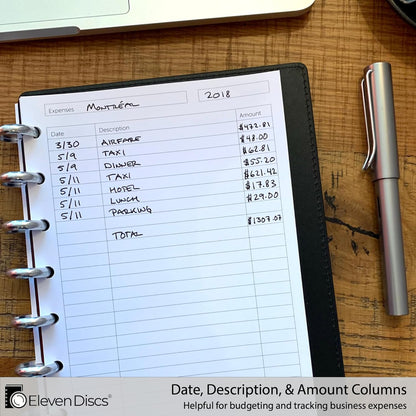 Eleven Discs Discbound Paper, Junior Size Mileage Log Sheets - Premium 120gsm Heavyweight Notebook & Planner Refills - 8 Discs, 5.5 x 8.5 in - Punched for Circa, Arc, TUL (50 Sheets)