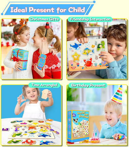 Wooden Peg Puzzles for Toddlers,Montessori Toddler Jigsaw for Child,Fine Motor Skill Learning Puzzle Toys for Baby Boys Girls Gifts-6 Pcs Shape,Farm,Sea Animal,Dinosaurs,Fruits,Animal
