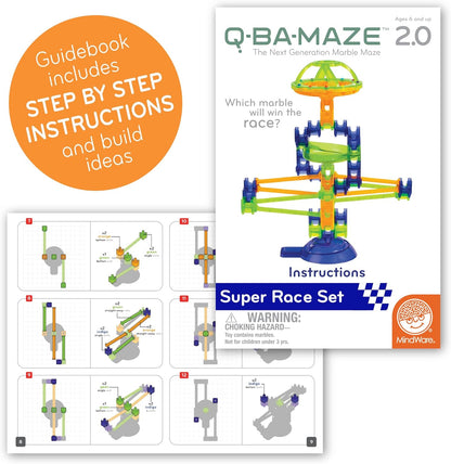 MindWare Q-BA-Maze 2.0 Super Race Set, STEM Marble Run Building Kit with Turbo Launcher and Racing Tracks, Creative Engineering Toy for Kids Ages 6+, Logic and Construction Gift