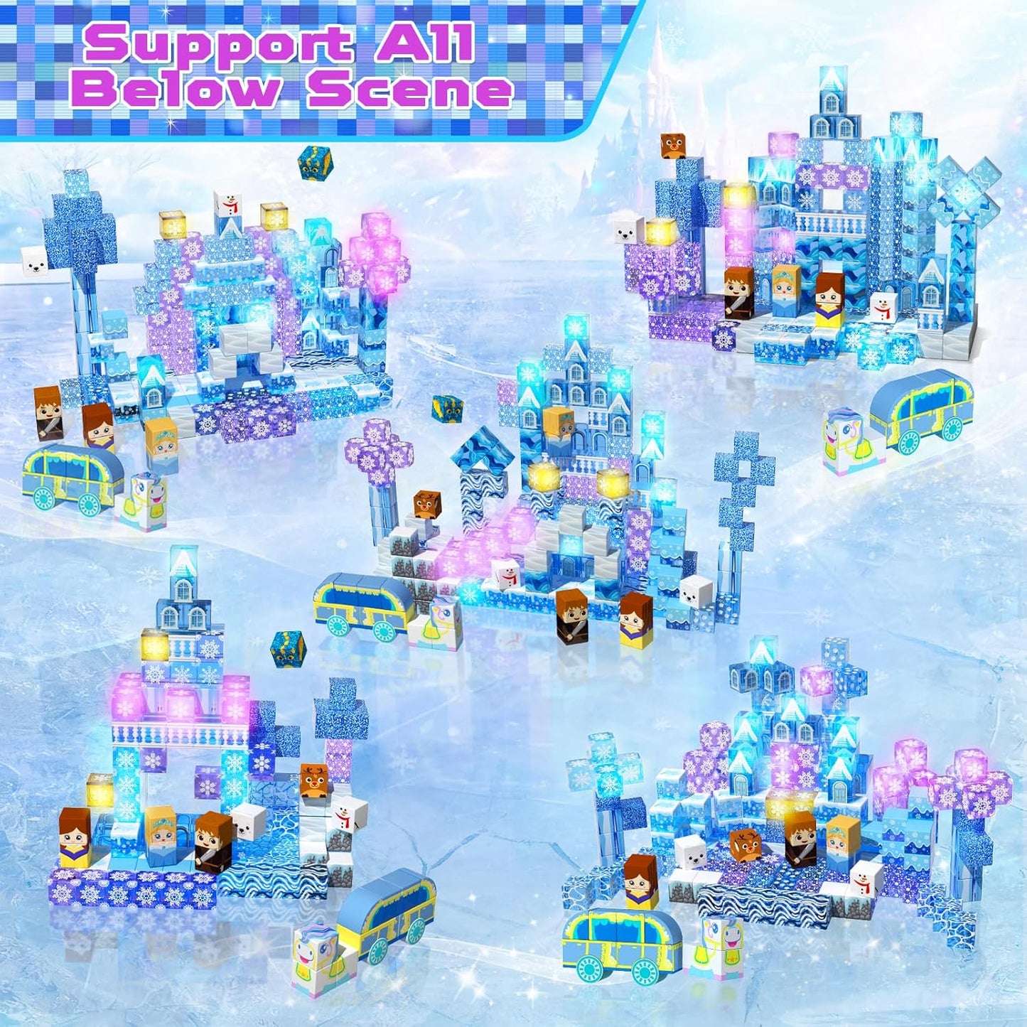 Magnetic Blocks - 100Pcs 0.8in Magnetic Building Block for Kids Ages 4-8, Transparent Magnet Block Blue Princess Castle, Magnet Cubes Tiles Princess Toy for Girl 3 4 5 6 7 8-12 Birthday Gift