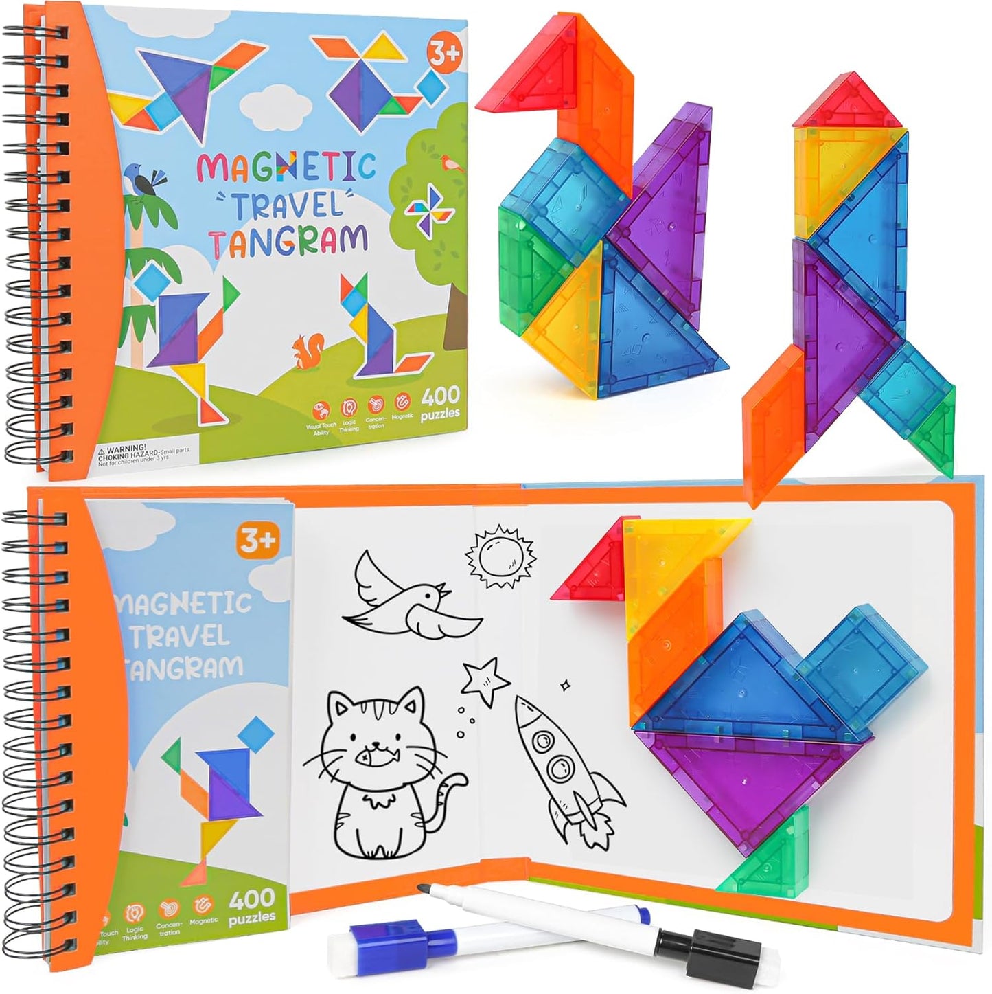 Travel Magnetic Tangram Puzzle - 3D Building Blocks for Road & Plane Travel STEM Toy with 360 Shape Dissection Puzzles & Brain Teasers, Educational IQ Gift for Kids & Adults