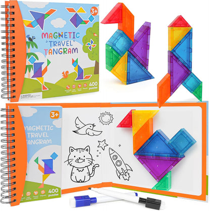 Travel Magnetic Tangram Puzzle - 3D Building Blocks for Road & Plane Travel STEM Toy with 360 Shape Dissection Puzzles & Brain Teasers, Educational IQ Gift for Kids & Adults