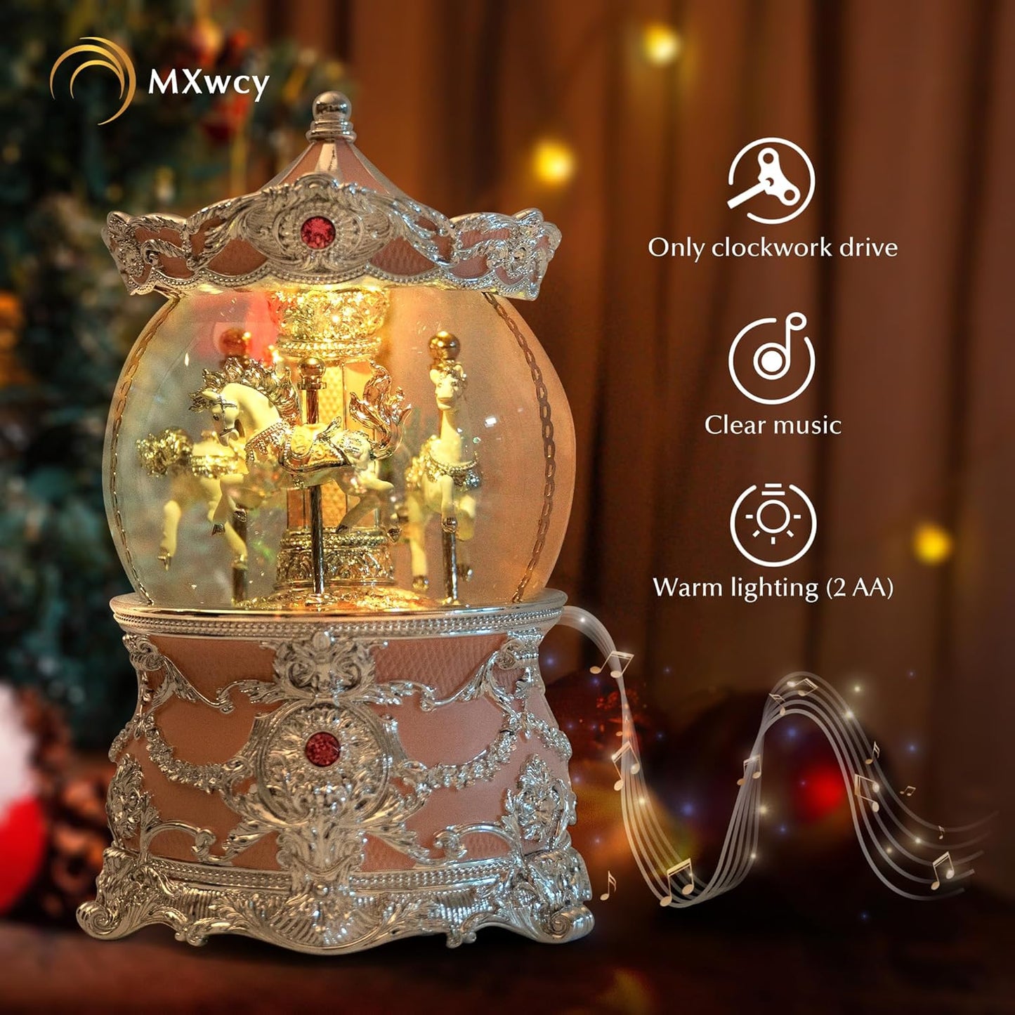 Carousel Music Box Gold & Ivory Christmas Snow Globes, 8.3" Rotate Carousel Snow Globe for Kids & Adults, Classic Wind up Musical Snow Globe Birthday Gifts for Women Girls, Carousel Horse Home Decor
