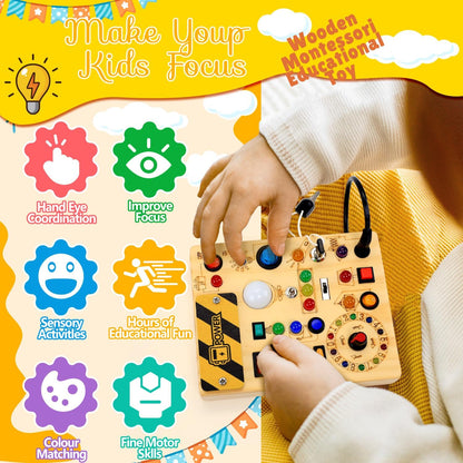 RichBoy Montessori Toy Busy Board with 40 LED Lights, 59-in-1 Sensory Toys for Toddlers, Travel Educational Activity for Airplane, Ideal Christmas Birthday Gift for Boys & Girls (7.8" x 6.5")