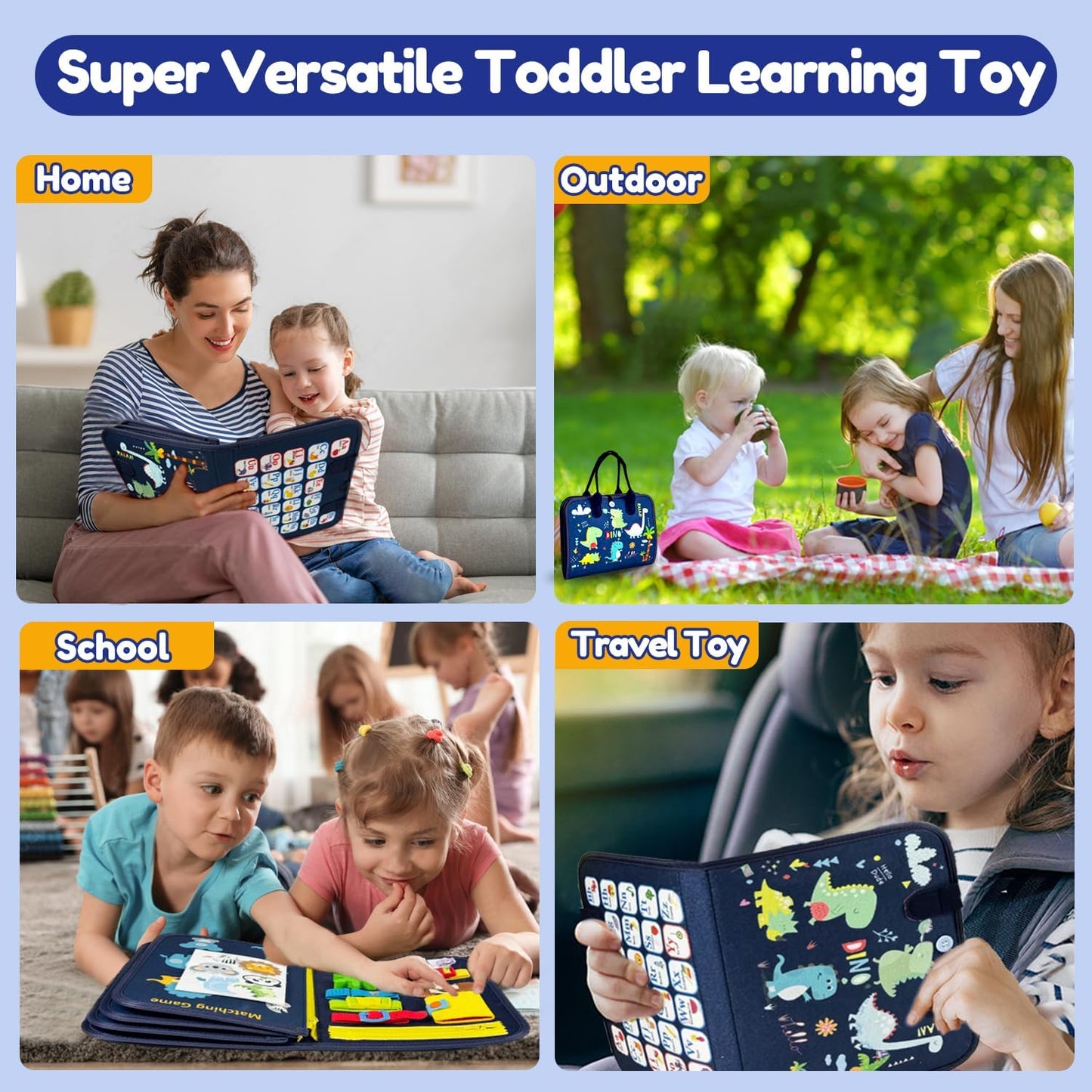 Qizfun Montessori Busy Board & Busy Book for Toddlers – Sensory & Learning Toy That Keeps Kids Busy, Travel Toy for Airplane & Car, Screen for Boys & Girls (Blue/P4)