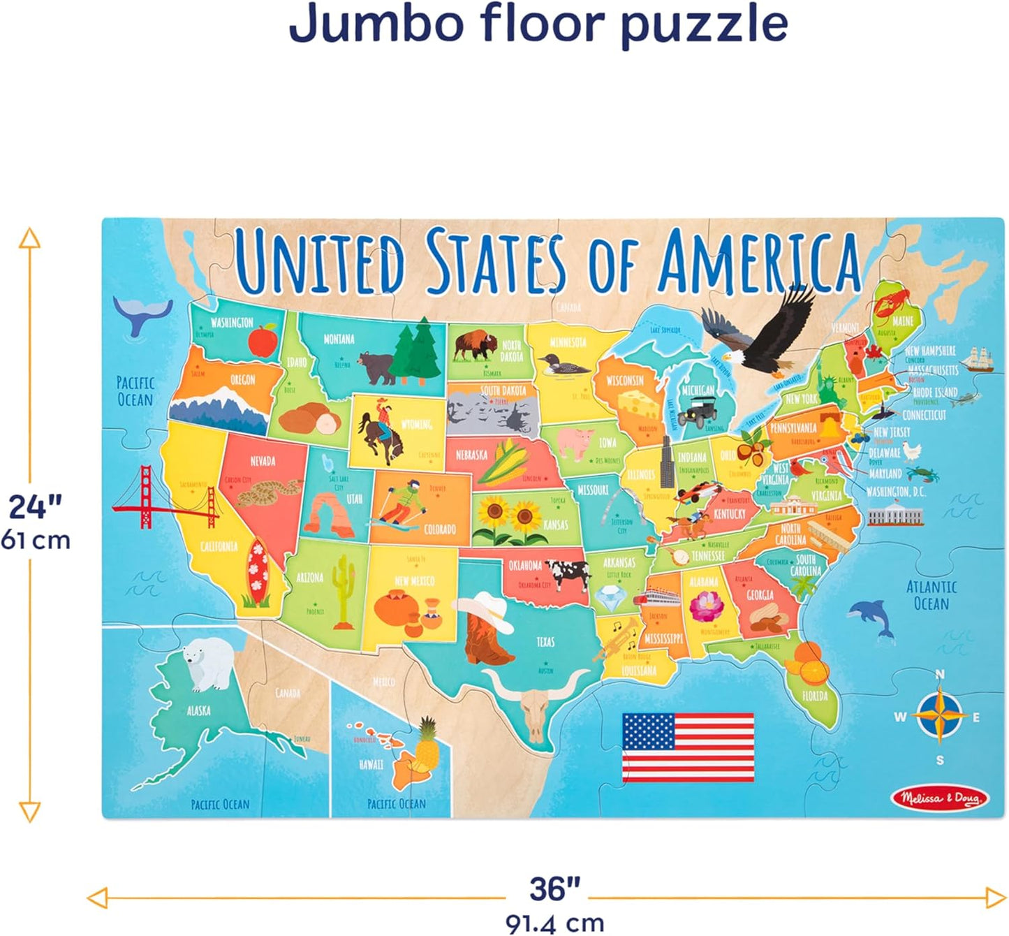 Melissa & Doug USA Map Jumbo Floor Puzzle, 51-Piece Jigsaw Puzzle of The United States, with State Capitals, Over 3 Ft Long, Kids Puzzles for Girls & Boys Ages 6+