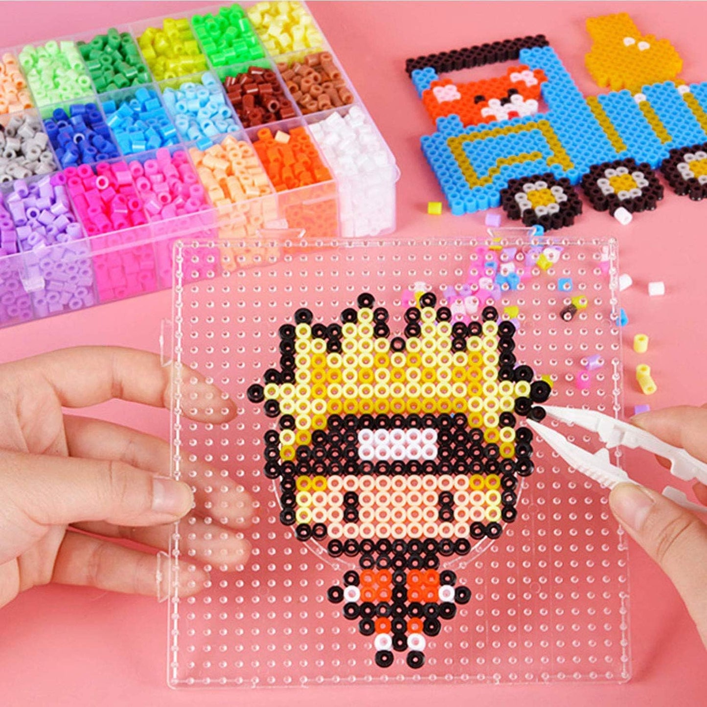 5 mm 6 Pack Fuse Beads Boards Allazone Large Round Square Clear Plastic Pegboards with 4 PCS White Beads Tweezers, 10 PCS Ironing Paper for Kids Craft Supplies
