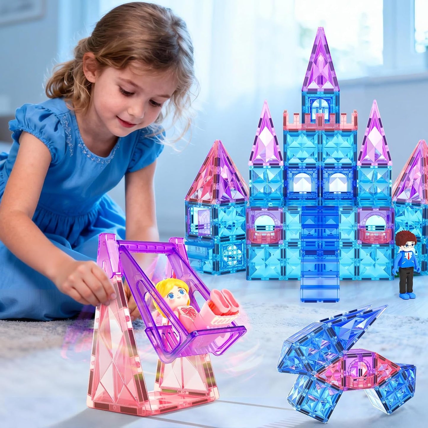 Coodoo Diamond Magnetic Tiles Magnetic Building Blocks STEM Sensory Toy for Boys Girls Pink Castle Dollhouse Pretend Princess Toys for 3 4 5 6 Year Old Girls Toys Birthday Xmas Present