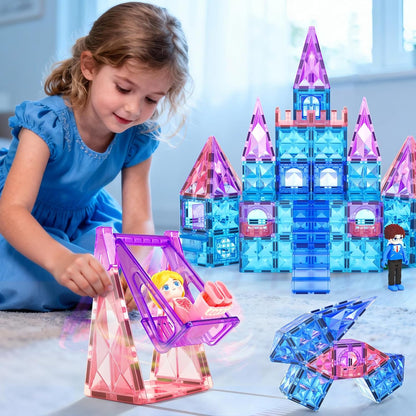 Coodoo Diamond Magnetic Tiles Magnetic Building Blocks STEM Sensory Toy for Boys Girls Pink Castle Dollhouse Pretend Princess Toys for 3 4 5 6 Year Old Girls Toys Birthday Xmas Present