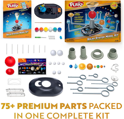 Playz Premium Solar System Model Kit for Kids - 4 Speed Motor, HD Planetarium Projector, 8 Painted Planets & 8 White Foam Balls with Paint and Brush for a Hands-On STEM DIY Project for Space Toys