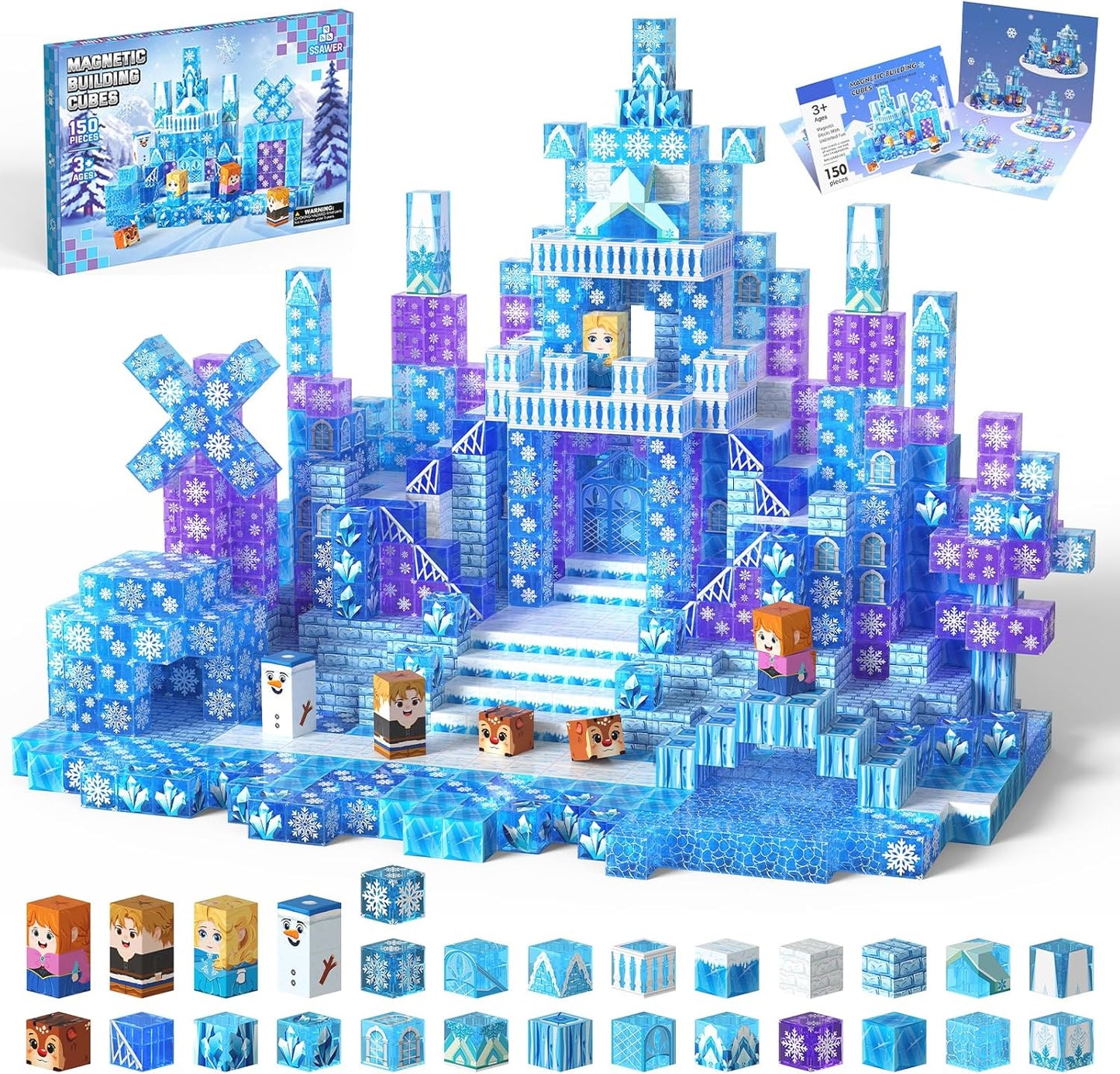 Magnetic Blocks, 150PCS Magnetic Building Blocks, Stacking Magnets for Kids, Sensory Toy for STEM Constructions Magnet Blocks for Girls Age 3+, Christmas Birthday Gifts (Snow Castle)