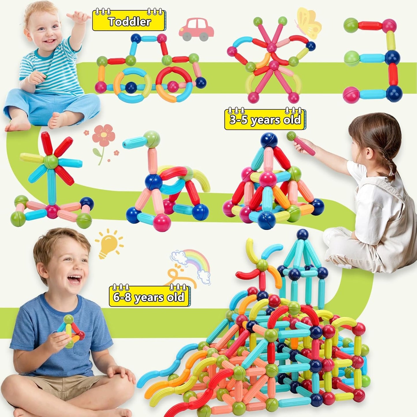 COUOMOXA Magnetic Toy Montessori for Kids: 3 4 5 6 7 8 9 10 11 12 Years Old Kids Building Sticks - Magnetic Creative Toy Age 3-12 Playroom Family - Christmas Birthday Gift for Boys Girls