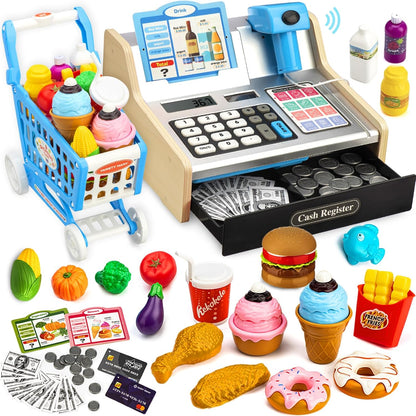 Wooden Cash Register for Kids with Shopping Cart Rechargeable Kid Cash Register with Scanner Gift for Kid Age 3 4 5 6 7 8 9 Year Old Pretend Play for Toddlers Toys for 3-12 Year Old Kids
