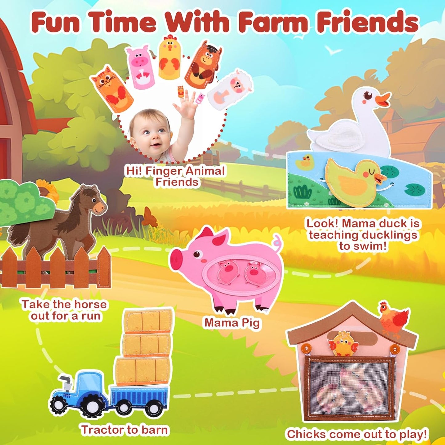 Busy Board for Toddler, Montessori Toys Farm Animals Busy Book for 2-4 Year Old Boy Girl, Quiet Activity Books Gift for Kid, Felt Busy Learning Toy for Toddlers, Car Airplane Travel Toys