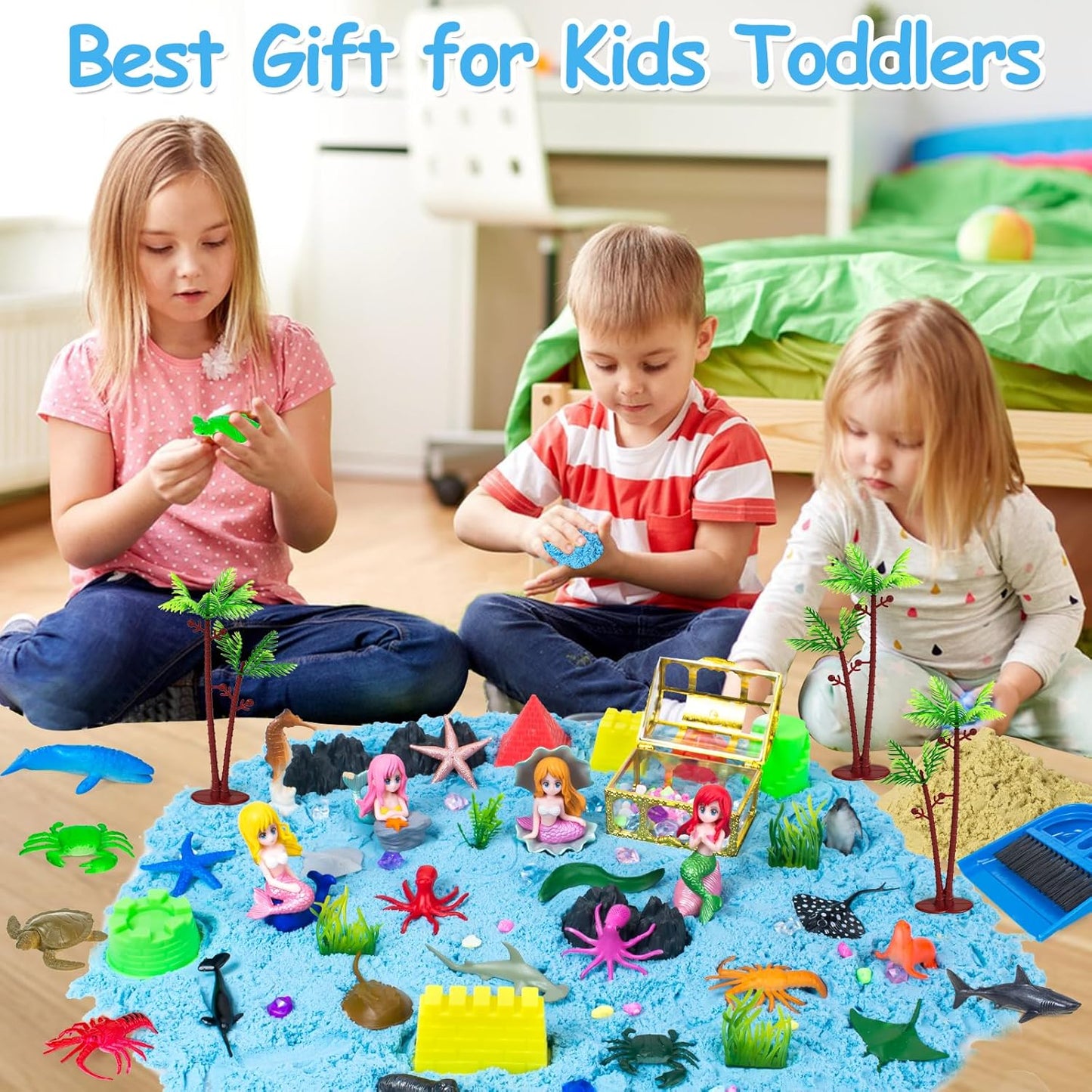 Bloolilies Sensory Bin, 59 Pcs Farm Sensory Sand Box Kits with Sandbox & Farm Animals & Tractor Playset, Play Sand Art Kit Magic Sand Toys for Boys Girls Toddlers Birthday Gift for Kids
