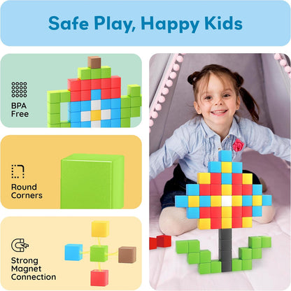 PicassoTiles 60pc Magnetic Puzzle Cube Building Set 1 Inch 3D Blocks STEM Construction Toy for Toddlers Kids Boys Girls Age 3+ Montessori Learning Travel Sensory Gift with Educational Idea Book PMC60