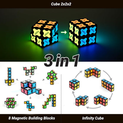 TOSY Magnet Cube 2x2 - 8 Blocks, 2in1 Toy: 2x2x2 Puzzle Cube and Customizable Infinity Cube, Easter Basket Stuffers Gifts for Kids/Grandkids, Glowing w/ UV Flashlight, STEM Toy, 2-Pack