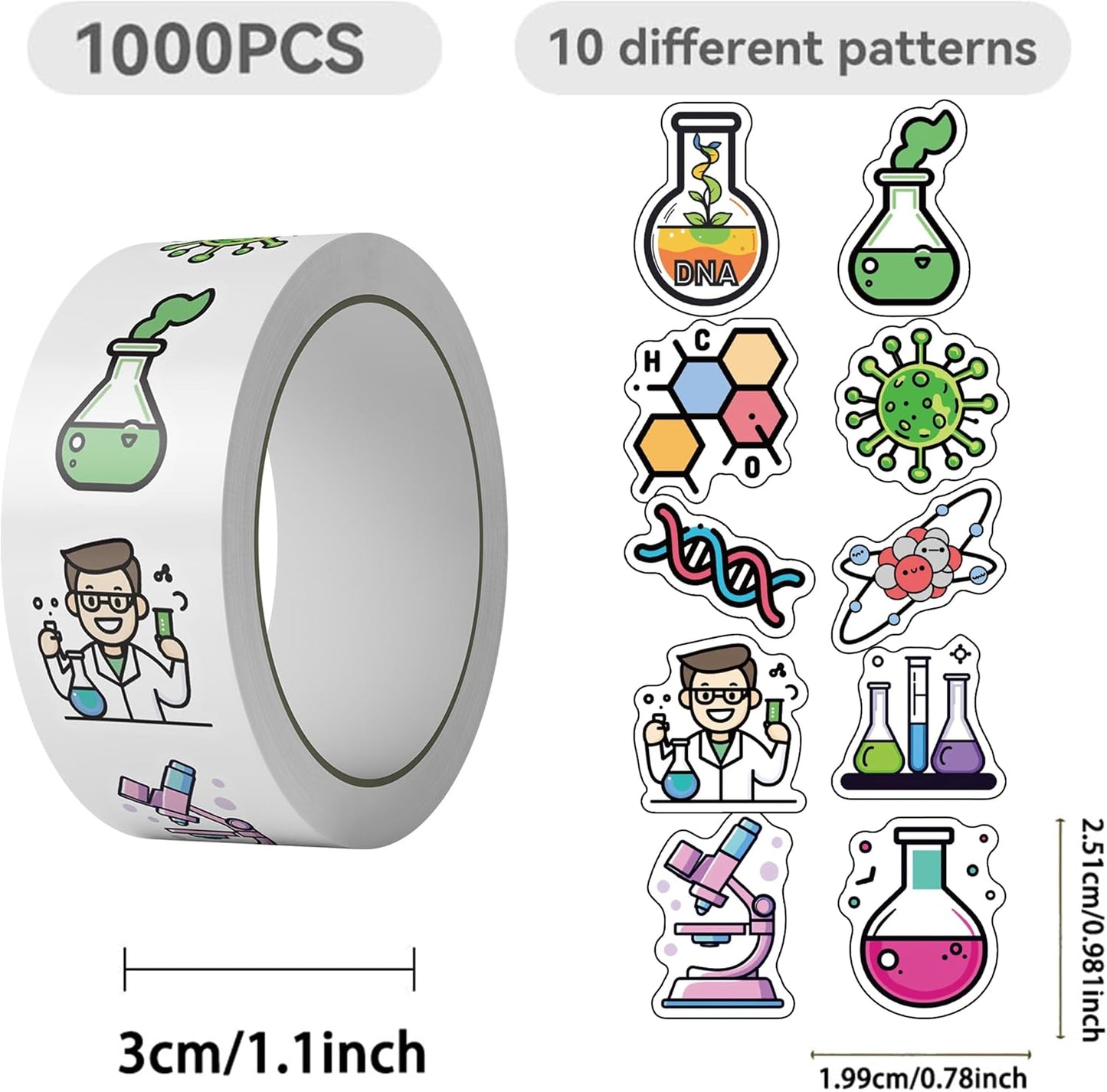 Chemistry Stickers Roll for Kids, Science Lab Experiment Stickers, 1000PCS 2 Rolls Chemical Lab Reward Labels, 10 Styles Classroom Teacher Supplies STEM Party Favors