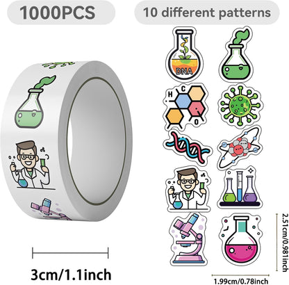 Chemistry Stickers Roll for Kids, Science Lab Experiment Stickers, 1000PCS 2 Rolls Chemical Lab Reward Labels, 10 Styles Classroom Teacher Supplies STEM Party Favors