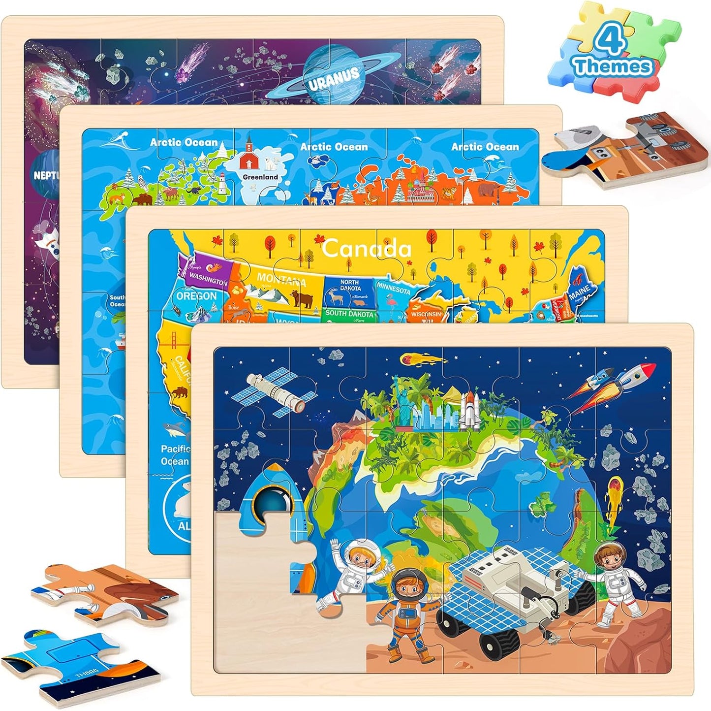 Puzzles for Kids Ages 4-6, 4 Packs 24 Pcs Wooden Jigsaw Puzzles for Toddlers Ages 2-4, Preschool Educational Vehicle Puzzle Toys Gifts for 3 4 5 6 Boys Girls
