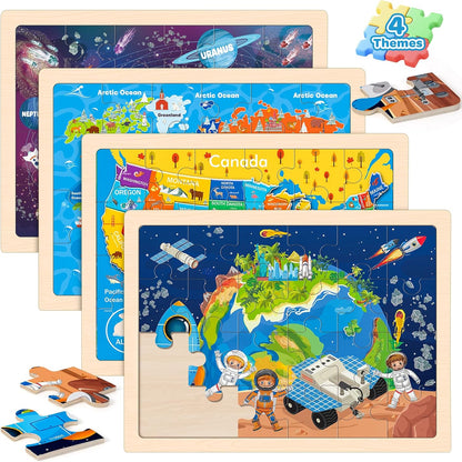 Puzzles for Kids Ages 4-6, 4 Packs 24 Pcs Wooden Jigsaw Puzzles for Toddlers Ages 2-4, Preschool Educational Vehicle Puzzle Toys Gifts for 3 4 5 6 Boys Girls